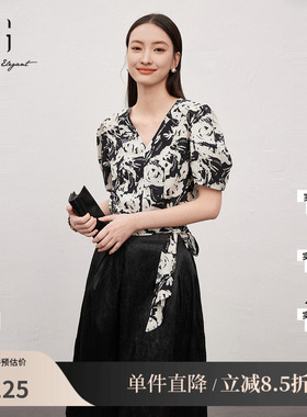 XG雪歌XJ221031B797碎花气质短袖衬衫时尚夏季新款绑带收腰上衣女