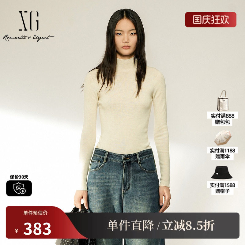 XG/雪歌 XL411041A191米白色100%绵羊毛高领针织衫修身打底毛衣女
