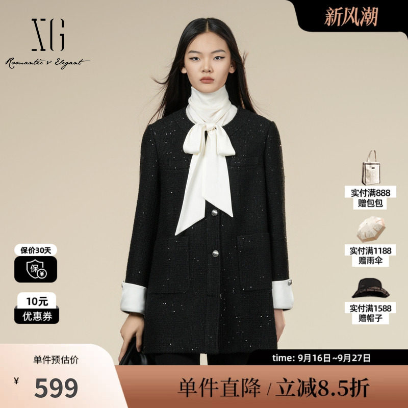 XG/雪歌XK407016A790 黑拼接翻边设计毛呢外套中长款圆领大衣女装