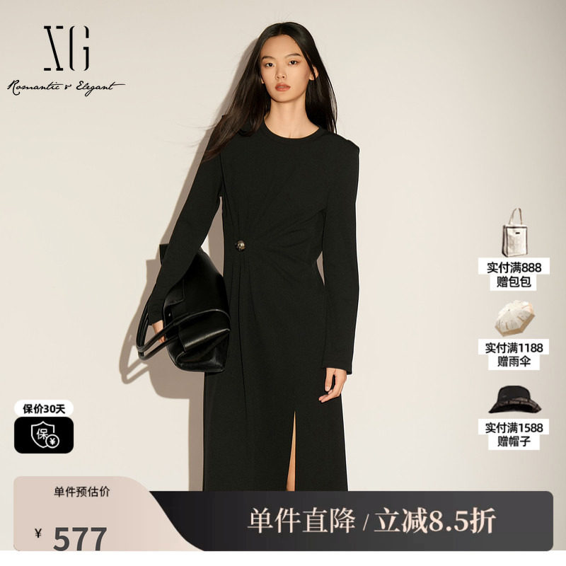 XG/雪歌XL104017A190黑色长袖连衣裙2026春季新款褶皱中长裙女装