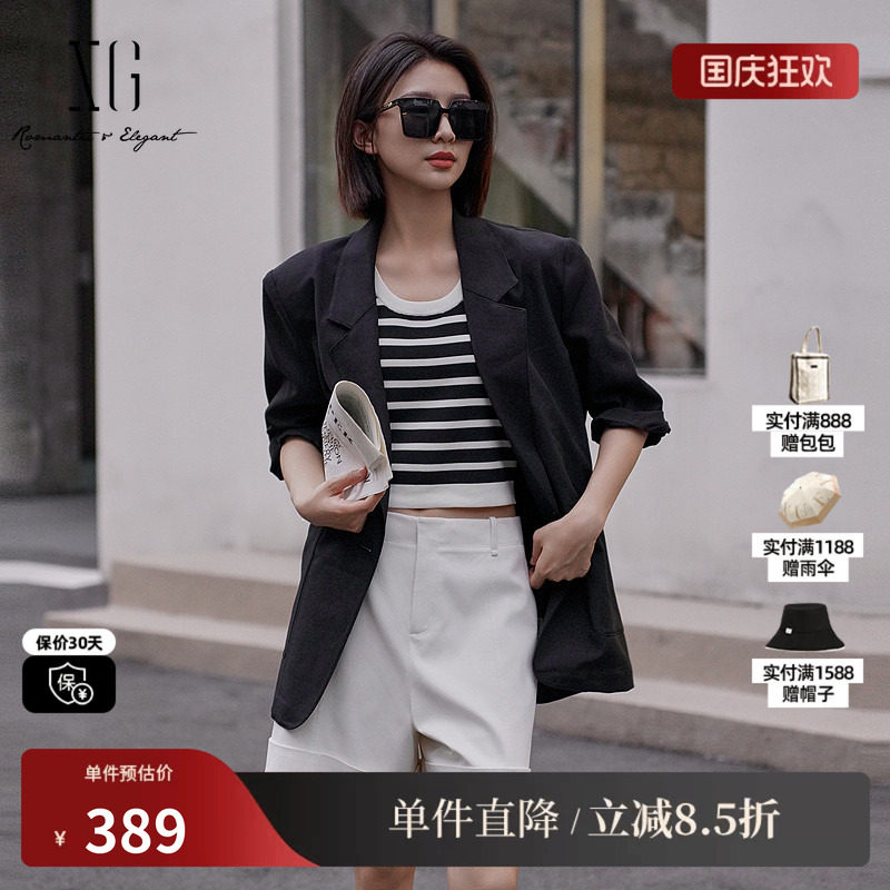XG/雪歌XK207007A990 黑色翻领西装外套中袖卷边职场直筒短上衣女