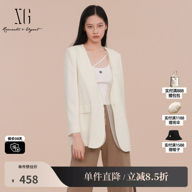 XG/雪歌XK107025A591纯醋纤V领西装网纱拼接白色职场长袖外套女装