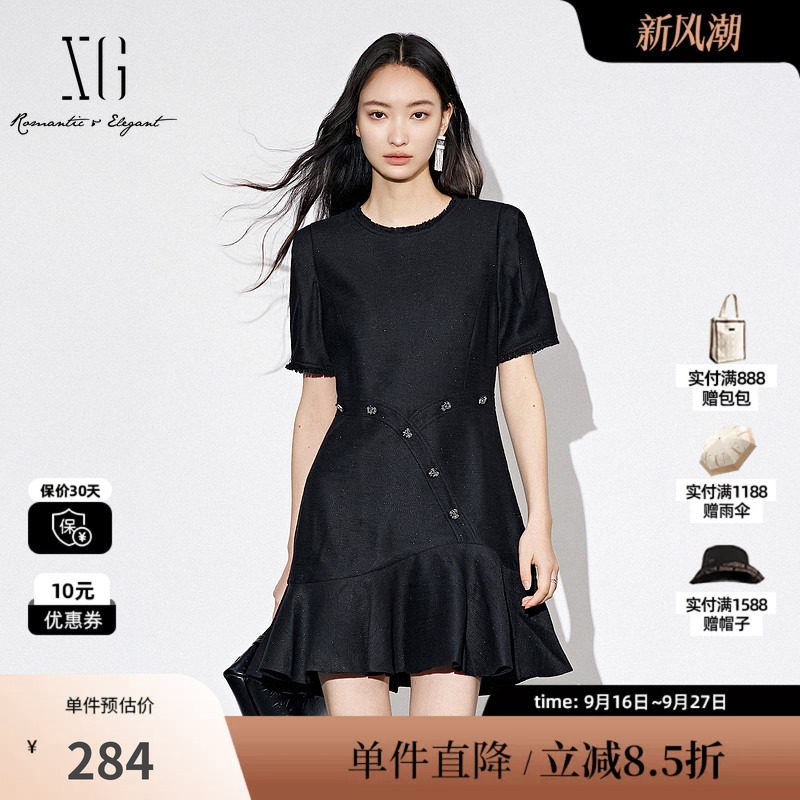 XG/雪歌XJ304006A290黑色短袖连衣裙2025秋季新款荷叶边短裙女装