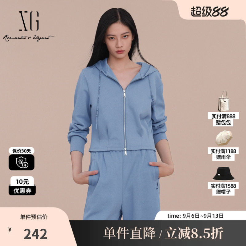 XG/雪歌XK107020A327 棉感连帽卫衣外套拉链休闲运动蓝色短外套女