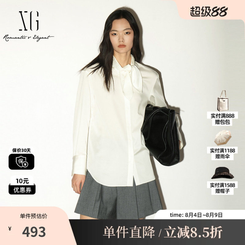 XG/雪歌 XL321005A251白色莱赛尔兔耳绑带长袖衬衫翻领直筒简约女