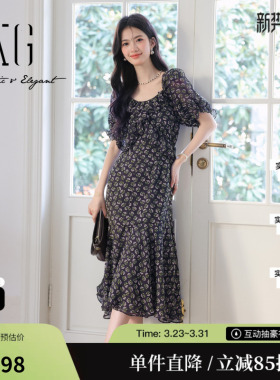 XG/雪歌XK104526B806碎花泡泡袖连衣裙时尚春季新款中长款A字裙女