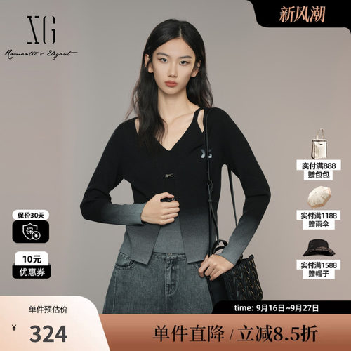XG/雪歌XK311041B490 渐变假两件长袖毛针织衫感显瘦黑色毛衫女装