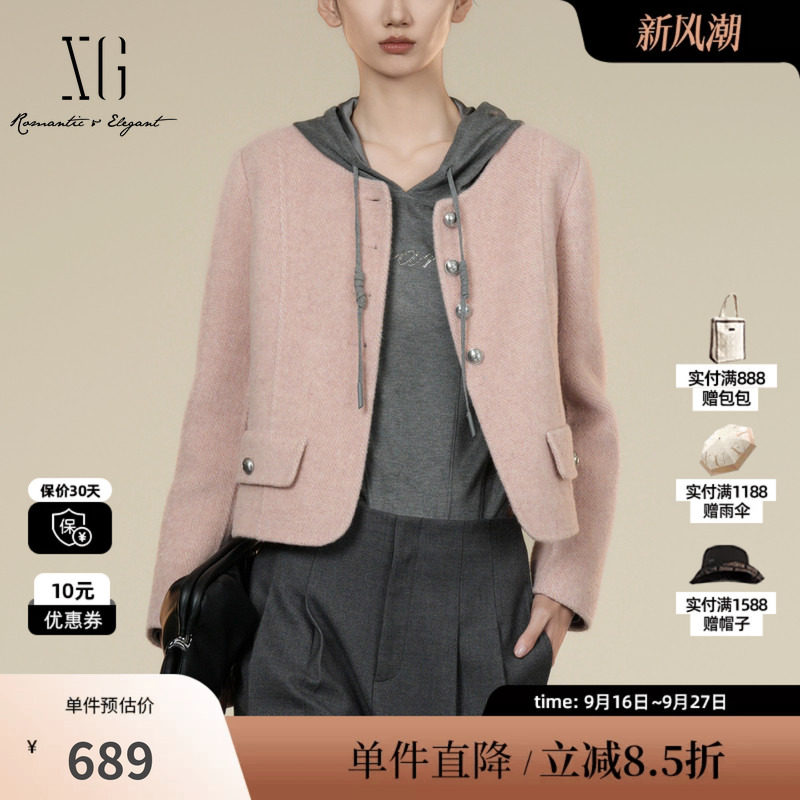XG/雪歌XK410027A216 短款长袖加厚毛呢外套粉圆领羊毛混纺大衣女