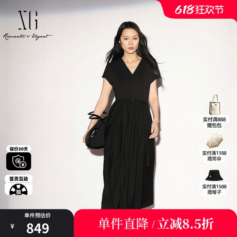 XG/雪歌 XL204020A290黑色V领短袖连衣裙配腰带衬衫领薄A字伞裙女