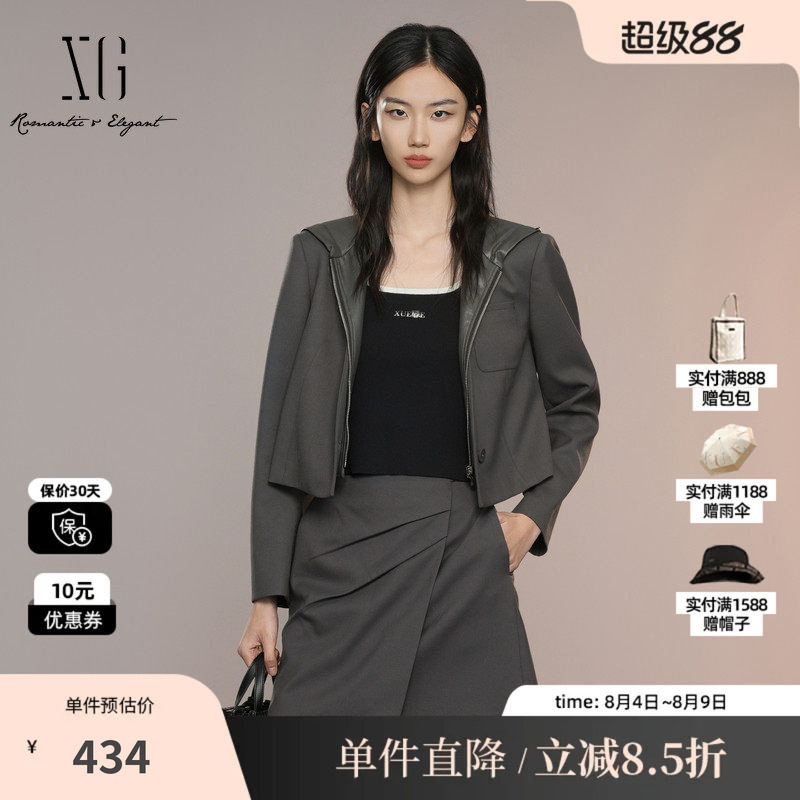 XG/雪歌XK307016A490 深灰色连帽短外套西装拼接皮衣长袖短外套女