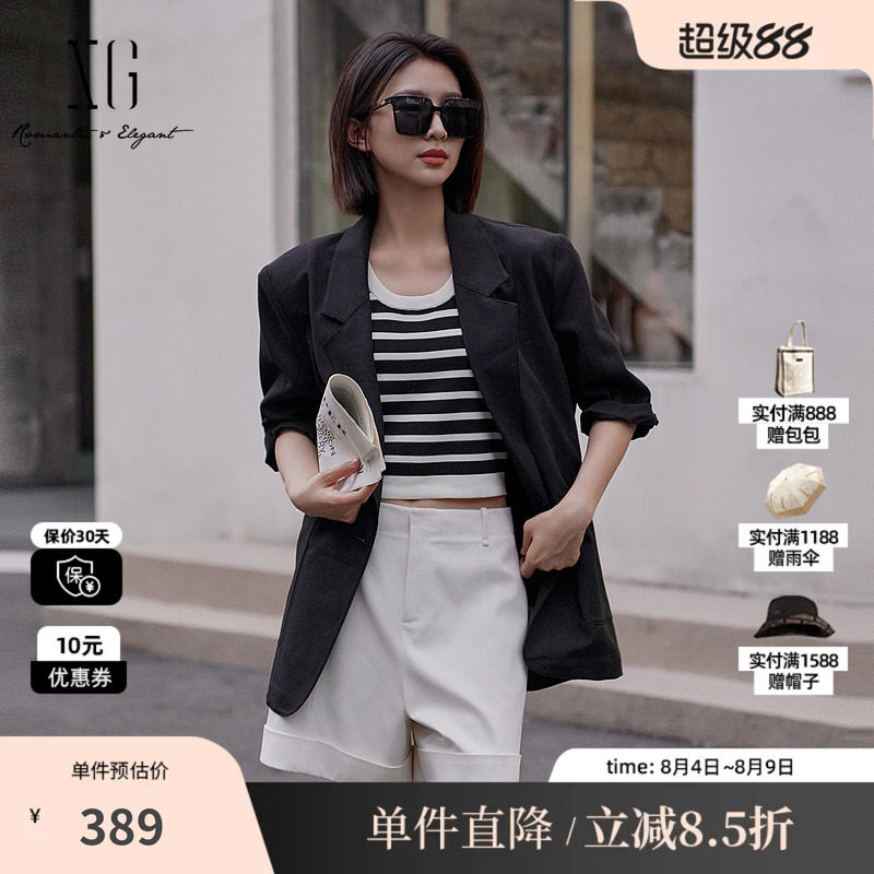 XG/雪歌XK207007A990 黑色翻领西装外套中袖卷边职场直筒短上衣女