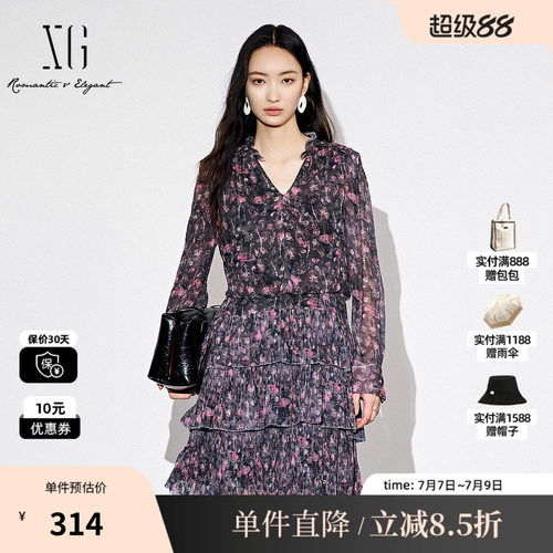 XG/雪歌XJ304003B696碎花长袖V领连衣裙时尚秋季新款短款蛋糕裙女