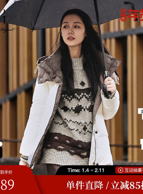 XG雪歌XK406068B591米白色鹅绒羽绒服2025冬季新款中长连帽外套女