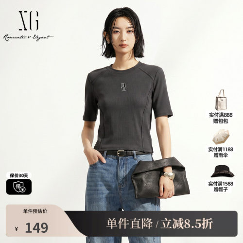 XG/雪歌XK301692A883深灰色正肩修身坑条短袖T恤通勤简约休闲女装