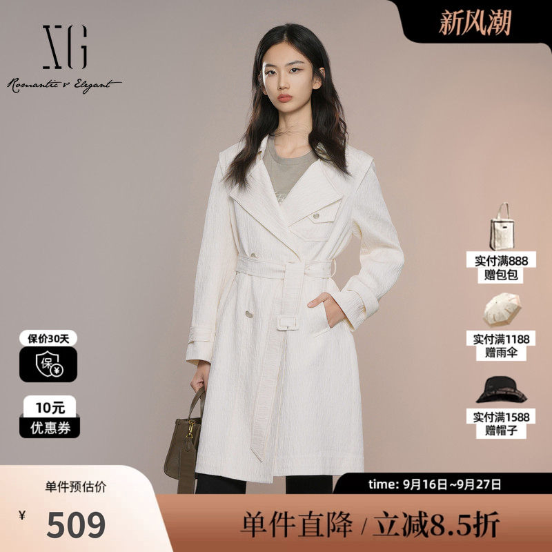 XG雪歌XK308013A491米白色中长款风衣2025秋季新款翻领长袖外套女