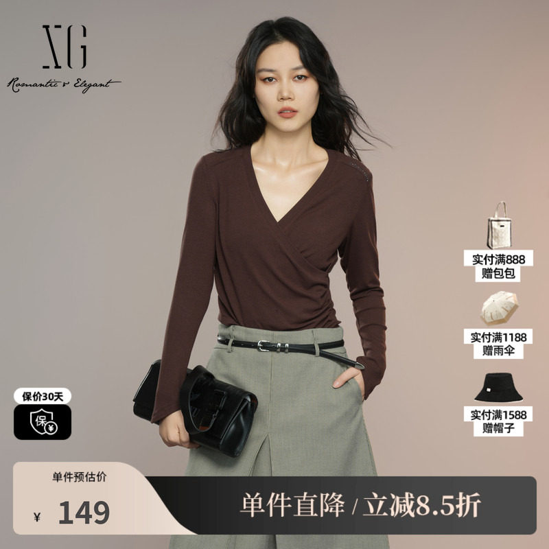 XG雪歌XK301007A572深咖色长袖T恤2025秋季新款V领设计薄款上衣女