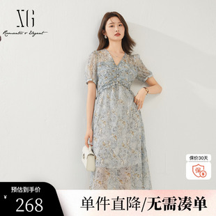 雪歌XK204643B806碎花高腰短袖 夏季 连衣裙时尚 A字裙女 新款 薄款