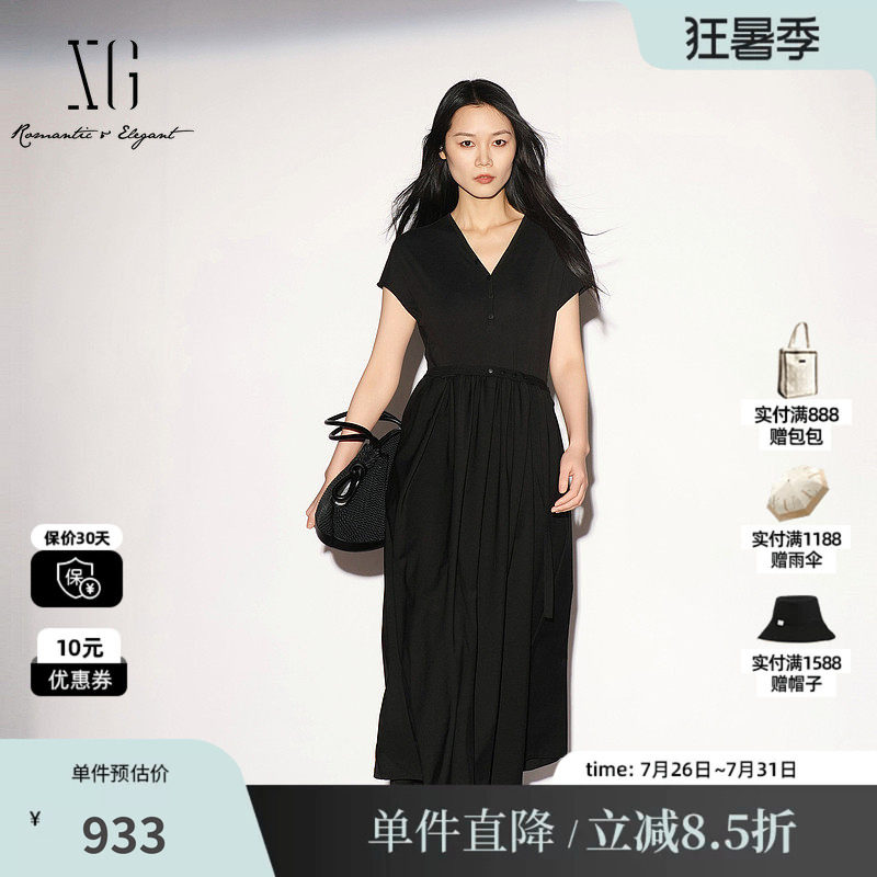 XG/雪歌 XL204020A290黑色V领短袖连衣裙配腰带衬衫领薄A字伞裙女