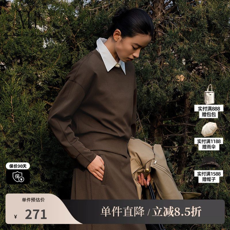 XG/雪歌XL101015A209圆领套头短款卫衣拉链开叉落肩直筒长袖T女装