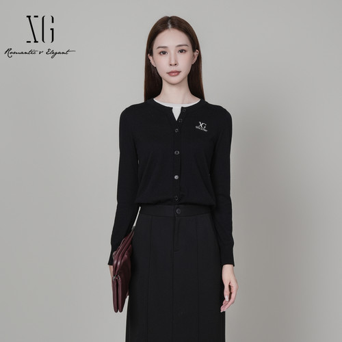 XG/雪歌XK411066A990黑色修身毛针织衫2025冬季新款假两件毛衫女