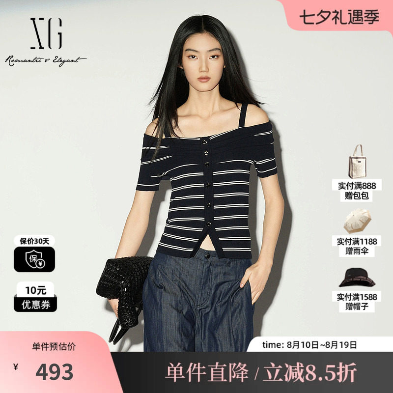 XG/雪歌XL211027B399 条纹棉感短袖一字肩针织衫肩带修身海军风女