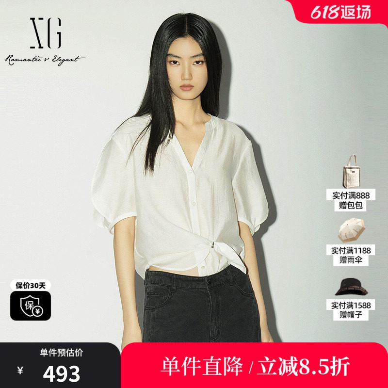 XG/雪歌XL221024A251白色短袖V领衬衫直筒灯笼袖莱赛尔扭结上衣女