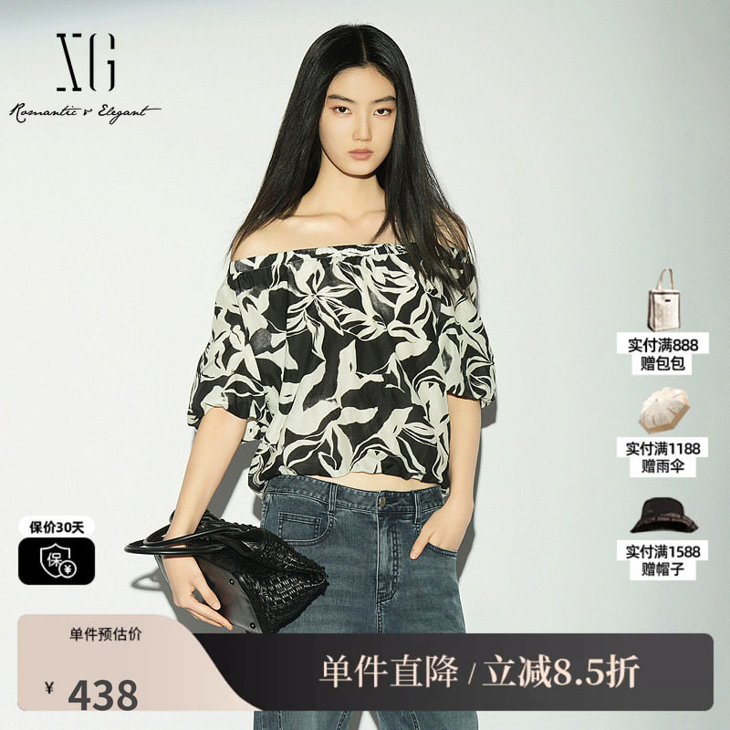 XG/雪歌 XL221041B293黑白花版棉感一字领短袖衬衫松紧度假上衣女