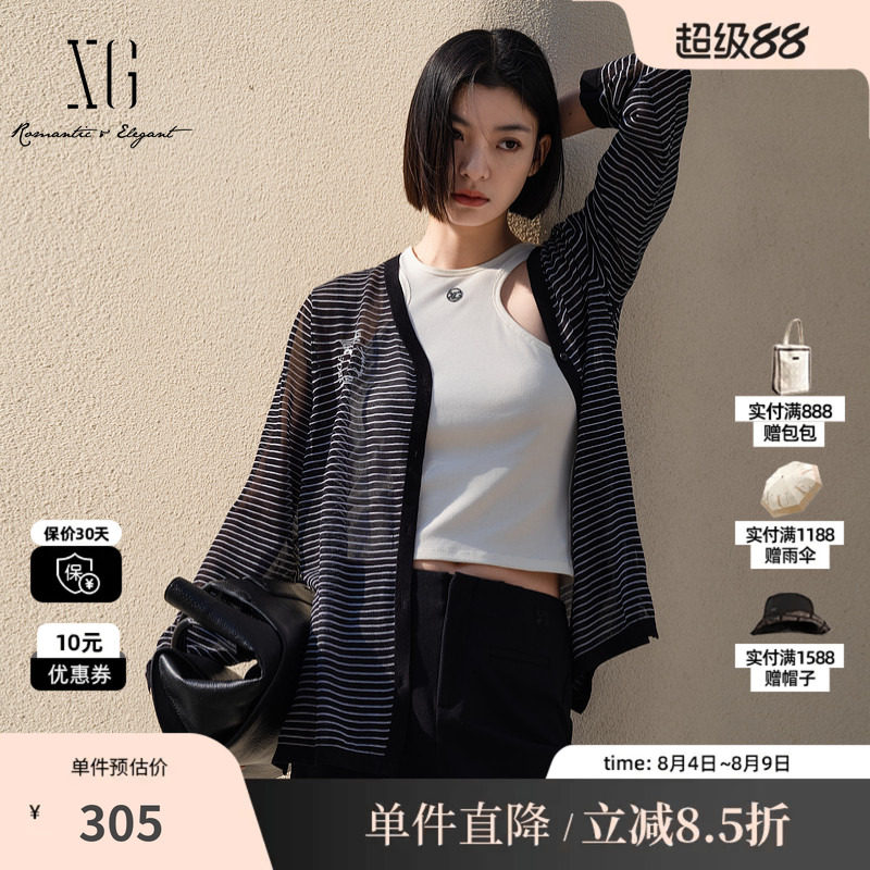 XG/雪歌XL111003B599条纹V领长袖针织开衫黑色印花薄款收腰打底女
