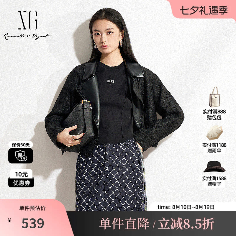 XG雪歌XK107027A190小香风黑色短外套2025春季新款长袖翻领外套女