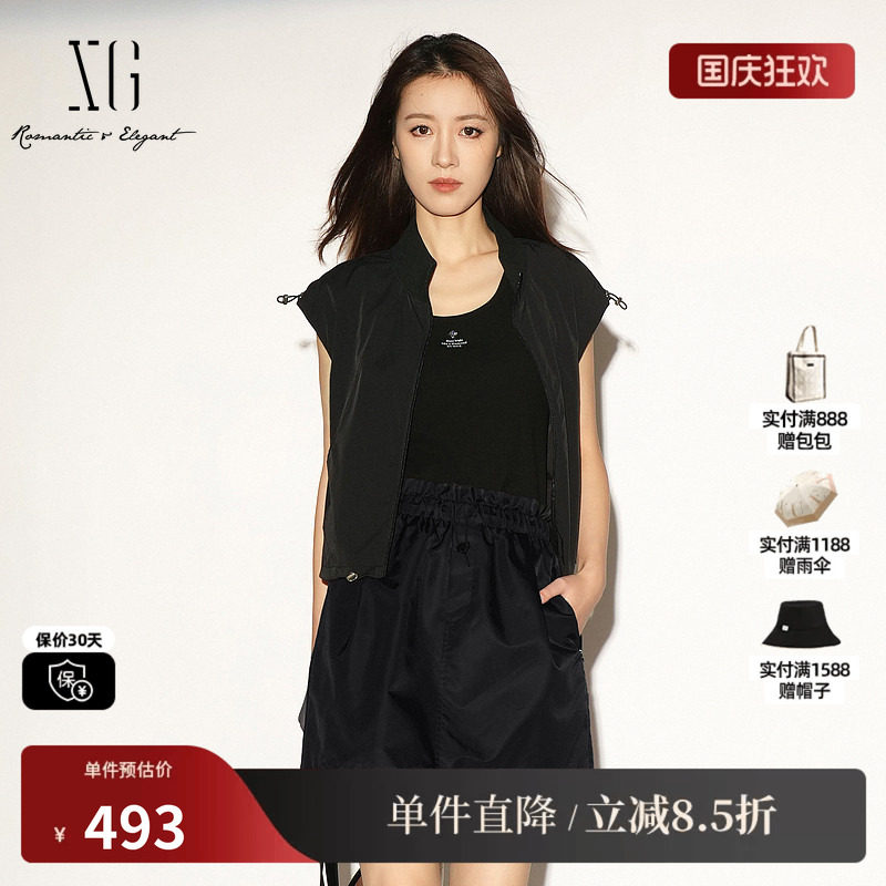 XG/雪歌XL224007A990 黑色直筒工装风口袋马甲薄户外马夹外套女装
