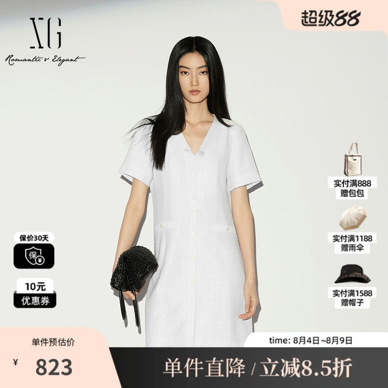 XG/雪歌XL204024A251白色V领飘带短袖连衣裙收腰简约直筒中裙女装