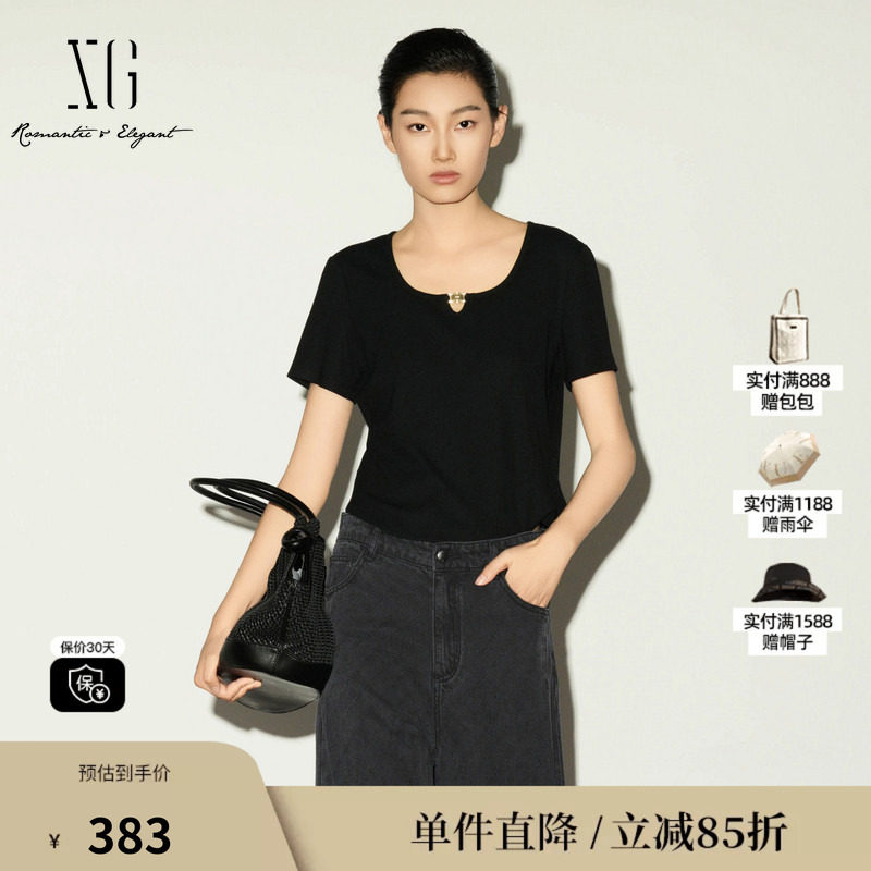 XG/雪歌XL201007A590黑色圆领镂空短袖T恤修身百搭薄款短上衣女装