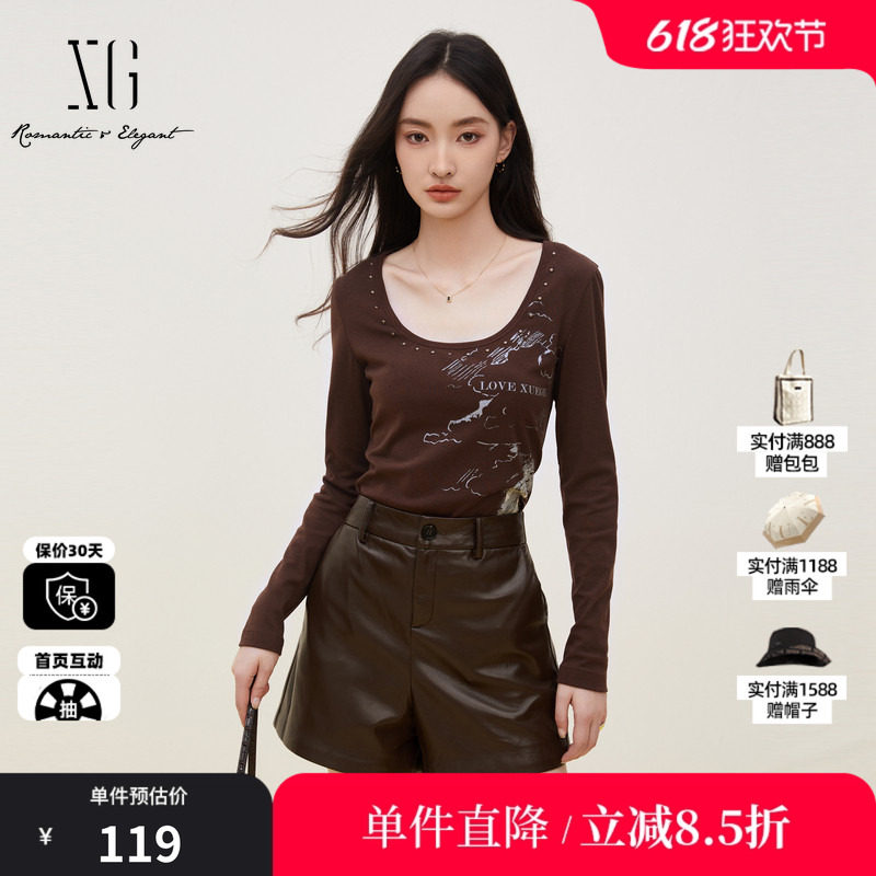 XG/雪歌XK301718A871红咖色印花长袖T恤时尚秋季新款短款上衣女装