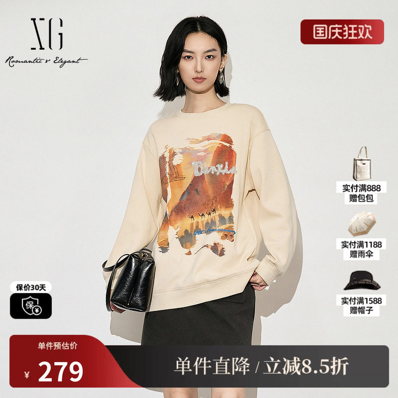 XG/雪歌XK401002B351印花长袖卫衣2025冬季新款宽松套头上衣女装