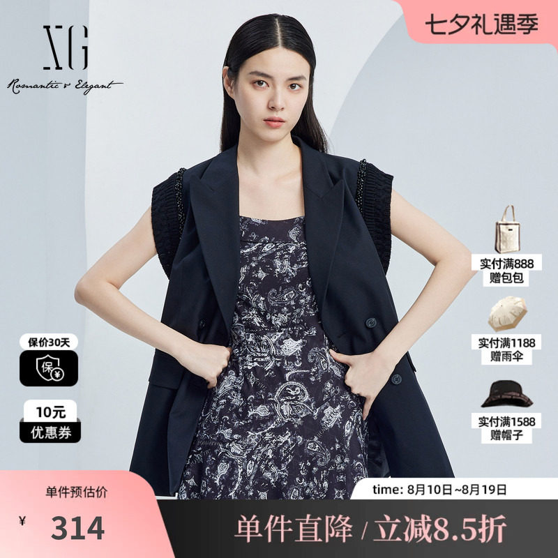 XG雪歌XJ324003A290黑色通勤马夹2025秋季新款长款西装马甲外套女