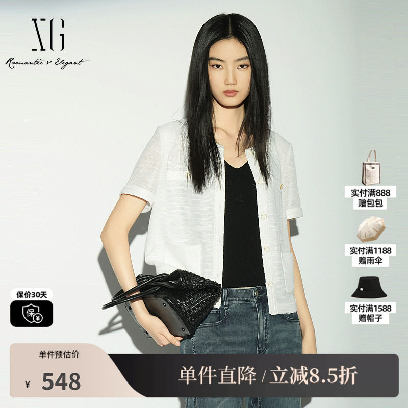 XG/雪歌XL221029A251 白色小香风圆领衬衫薄款直筒休闲短袖外套女