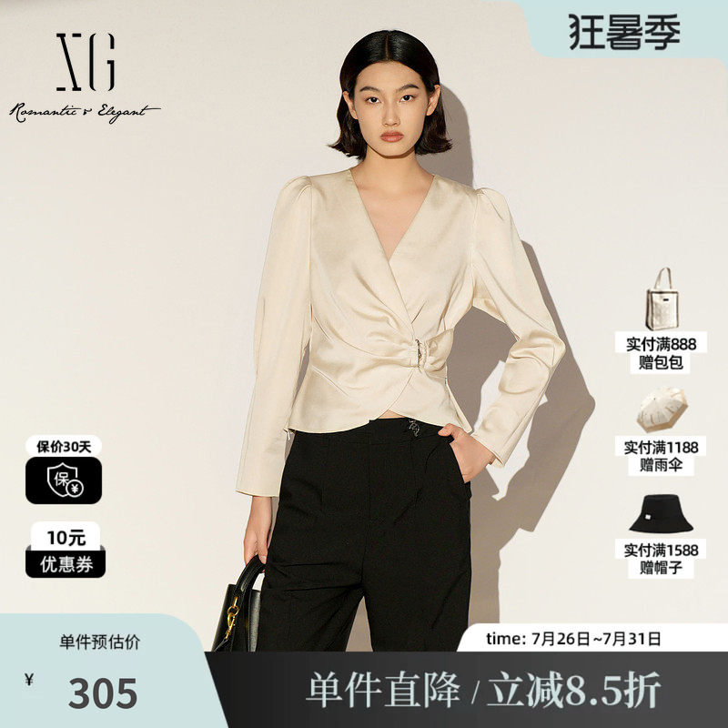 XG/雪歌XL121002A460米色莱赛尔V领长袖衬衫套头收腰淑女短上衣女