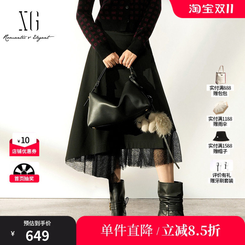 XG/雪歌 XL403010A290黑色斜边不规则网纱半身裙通勤休闲中裙女装