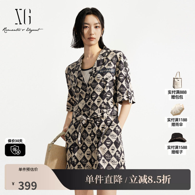 XG/雪歌XK202540B806 黑白花版莱赛尔翻领短袖休闲短裤连体裤女装