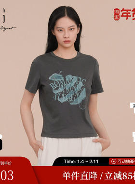 XG/雪歌XK101003A572圆领短袖T恤莱赛尔正肩套头休闲印花上衣女装