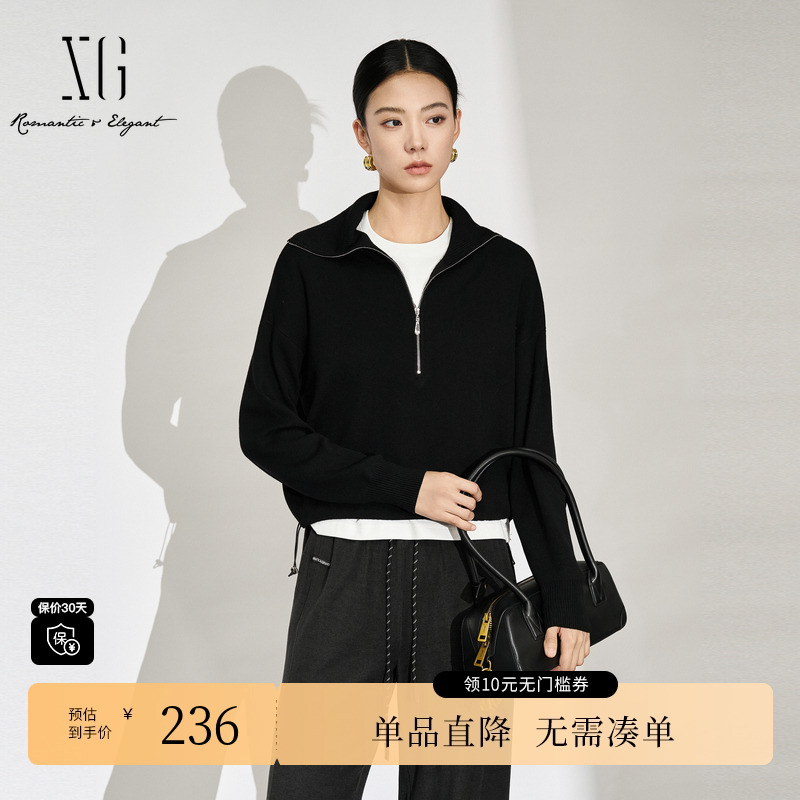 XG/雪歌XL311589A890黑色翻领毛针织衫2025秋季新款绵羊毛毛衫女