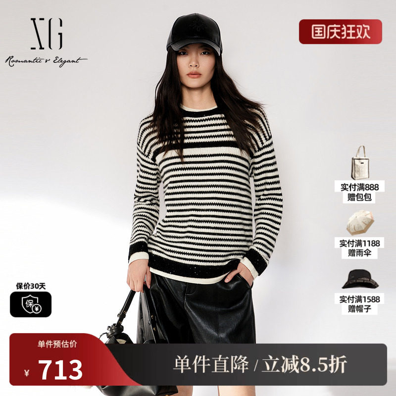 XG/雪歌 XL411020B599黑白条纹假两件圆领套头针织衫休闲毛衣女装