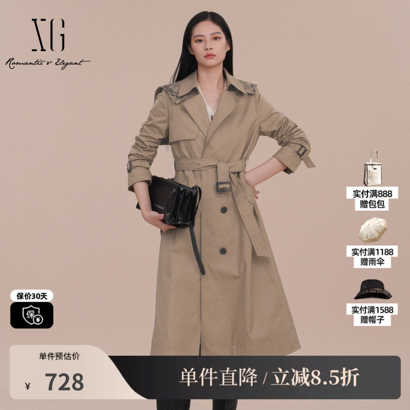 XG雪歌XK108006A273卡其色棉感风衣2025春季新款淑女风长款外套女