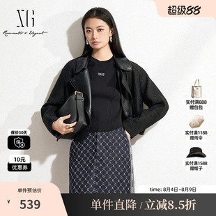 XG雪歌XK107027A190小香风黑色短外套2025春季新款长袖翻领外套女