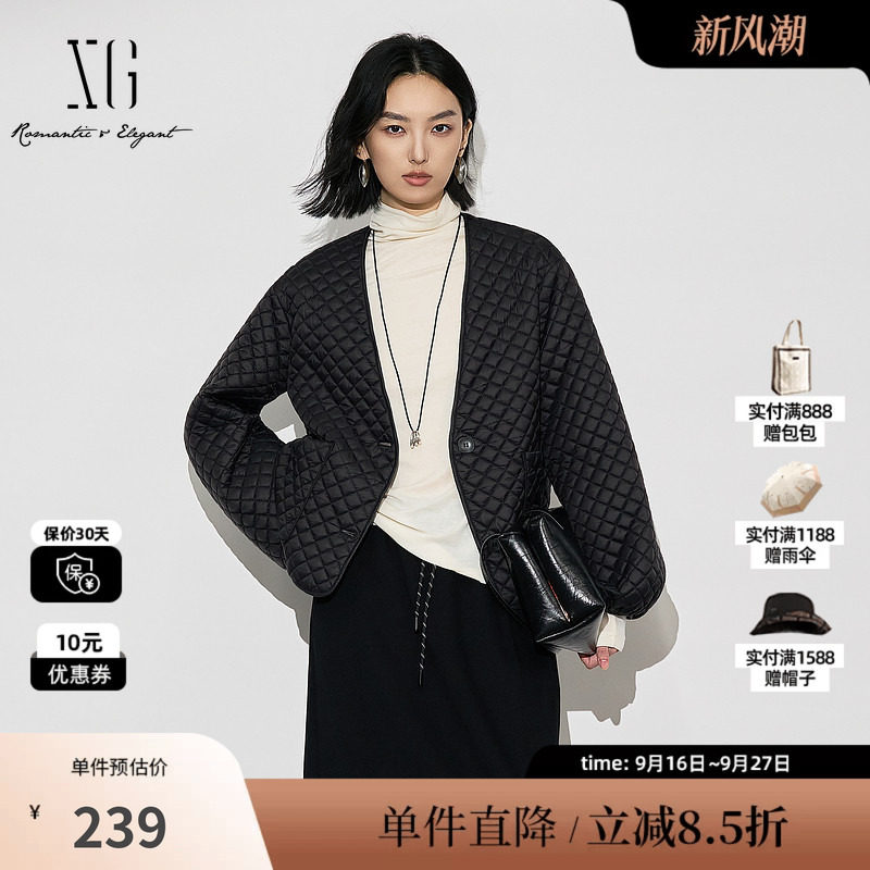 XG雪歌XK405845A890黑色菱格设计棉服时尚冬季新款宽松棉衣外套女