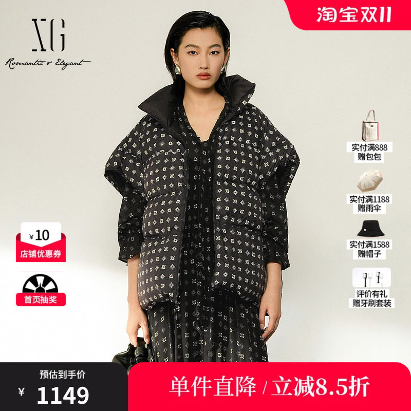 XG/雪歌 XL406026B290黑色波点立领白鸭绒羽绒马夹外套直筒保暖女