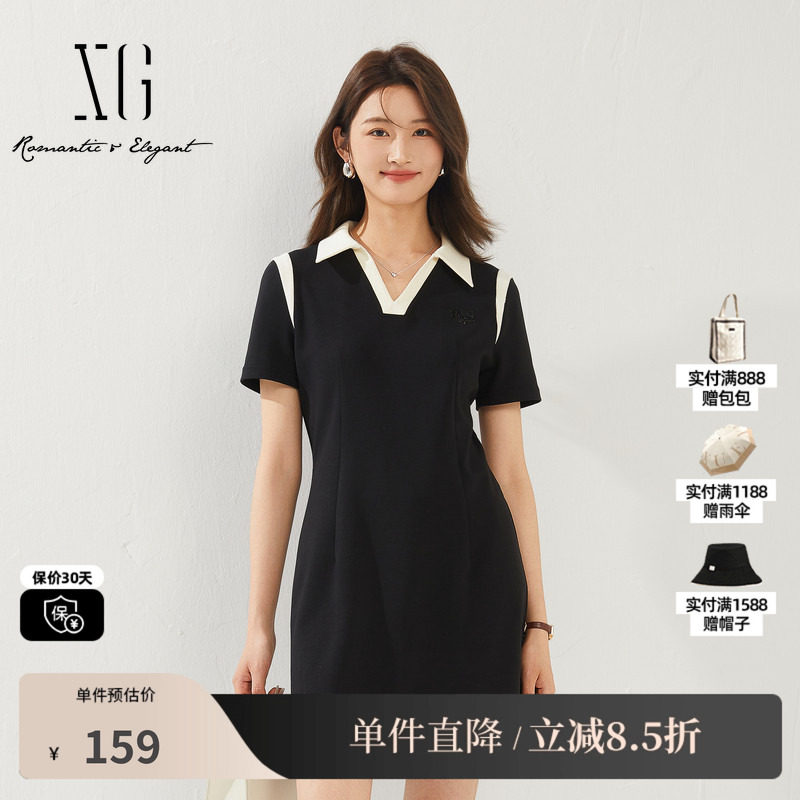XG/雪歌XK204800A890棉感短袖连衣裙时尚夏季新款黑白拼色短裙女