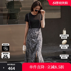 XG/雪歌XK204097B994 黑色花版假两件连衣裙圆领短袖直筒长半裙女