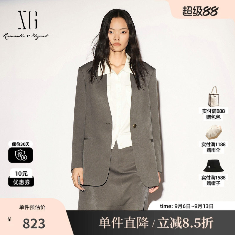 XG/雪歌XL307009A443咖绿色V领长袖西装外套通勤简约高级上衣女装