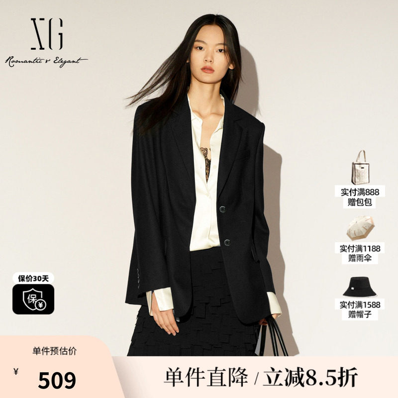 XG/雪歌XL107005A190 黑色通勤简约休闲西装翻领羊毛混纺外套女装